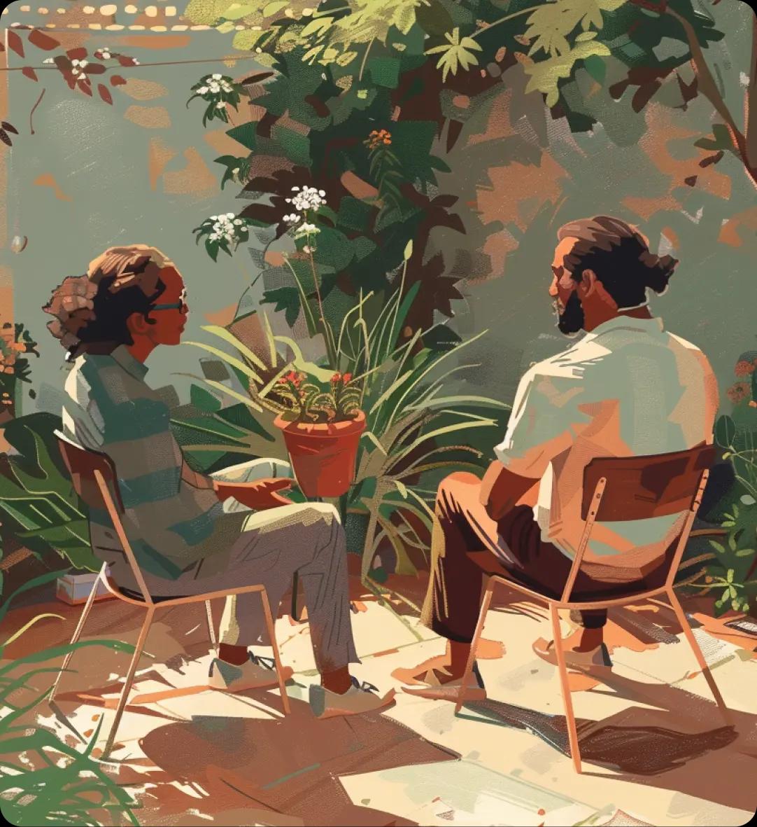 couple having a conversation in garden