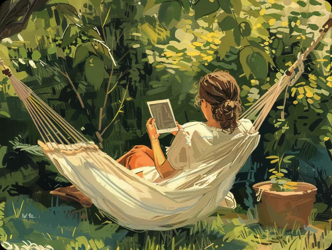 women sitting in hammock looking at tablet